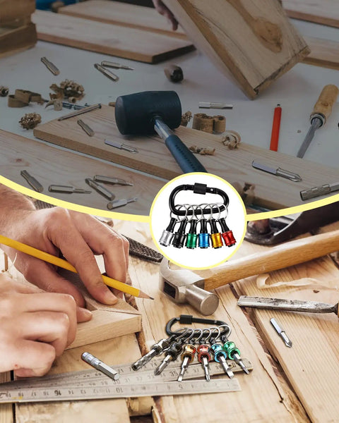 Person working with woodworking tools displaying the 6 Piece 1/4 Inch Hex Shank Aluminum Bit Holder Set with Quick Change Extension Bar.