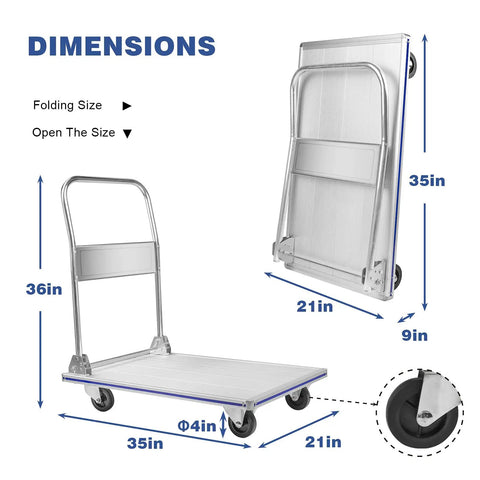 35 Inch Long By 21 Inch Wide Aluminum Platform Truck Foldable Cart With 800 Lb Capacity shown folded and open with wheel close-up.