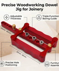 Dead On Precision Complete Self Centering Doweling Jig Kit With Professional Drill Bushes for Rock Solid Cabinet Woodworking Joinery and Quick Furniture Assembly Zero Hassle showing adjustable red aluminum jig.