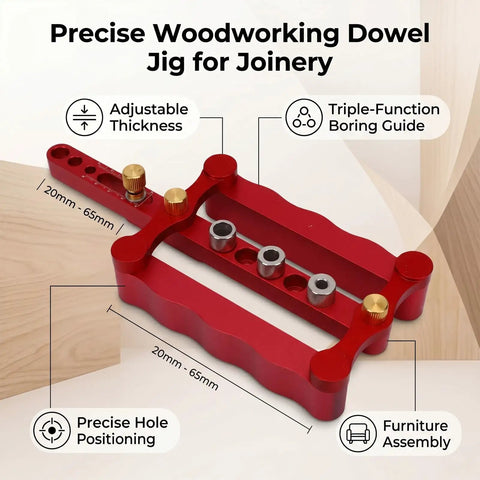 Dead On Precision Complete Self Centering Doweling Jig Kit With Professional Drill Bushes for Rock Solid Cabinet Woodworking Joinery and Quick Furniture Assembly Zero Hassle showing adjustable red aluminum jig.