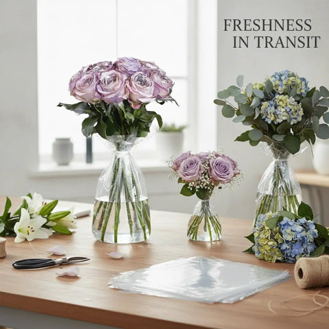 Three bouquets in 50 Pack Clear PP Plastic Flower Water Bags For Bouquet Transport And Storage Sleeves, on a wooden table.