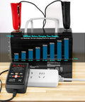 No Fuss Automatic Smart Battery Charger For 12 Volt Cars features clamp connections on a 12V battery with charging time graph.