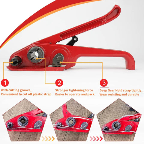 Close-up of red poly strapping tensioner in Heavy Duty Pallet Strapping Kit With Poly Strapping Tensioner, features and details.