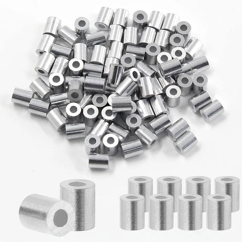 Top Tier Aluminum Wire Rope Stop Sleeves 1/16 Inch 1.5mm crimp loops, 100 pack of heavy-duty steel cable ferrules.