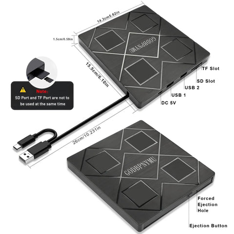 5 In 1 External CD DVD Drive For Laptop With USB 3 Type C No Fuss Plug And Play Portable CD DVD RW Burner Plus SD And TF Card Reader DVD ROM Rewriter Compatible With Windows Mac Linux, black