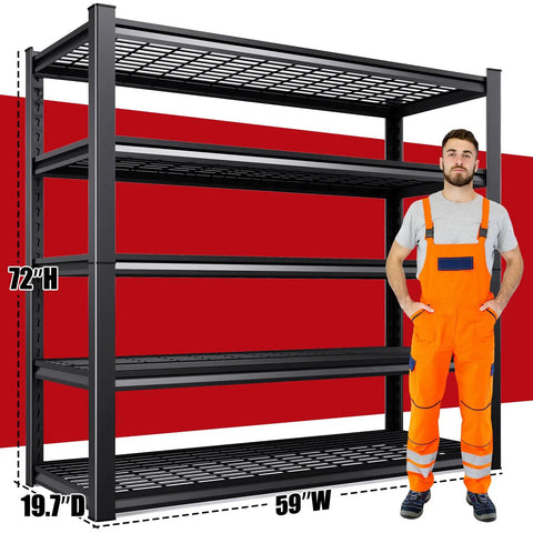 Beefy 5 Tier Heavy Duty Wire Garage Shelving System 72 By 59 By 20 Inch 2500 Lbs Capacity with man for scale