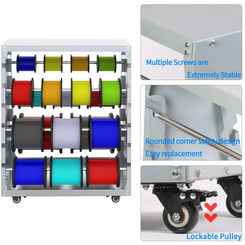 Heavy Duty Wire Spool Rack With Wheel 6 Rod Cable Dispenser For Electrical, Industrial And Retail Use Keeps Spools Organized For Garage And Workshop, 300lb Capacity, Gray with multiple spool colors, lockable wheels, and sturdy metal frame