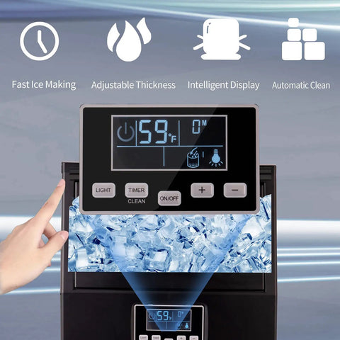 Plug And Play Countertop Ice Maker Auto Clean System featuring intelligent display and ice cubes in clear reservoir.