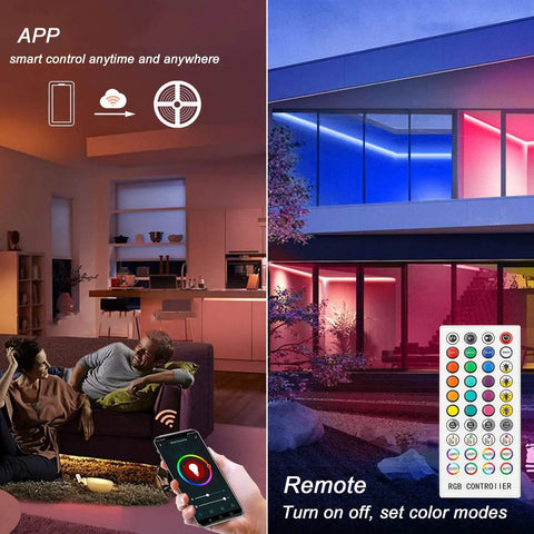 Living room with Smart RGB Led Strip Lights For Bedroom 100 Ft With Music Sync Remote 40 Key WiFi And Bluetooth Control