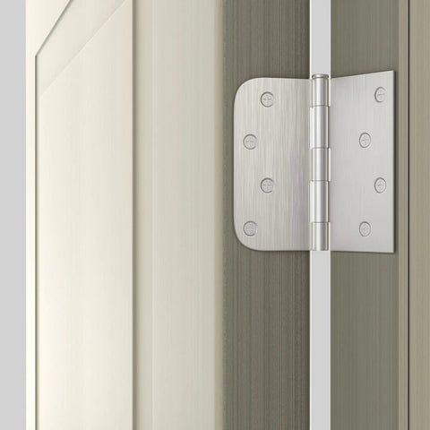 Three Pack Satin Nickel Door Hinges 4 Inch By 4 Inch Iron Hinges With Square And Round Corners Includes 24 Matching Screws For Exterior And Interior Doors Built To Last installed on light wood door