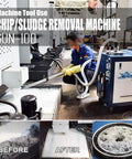 Rock Solid Pneumatic Chip And Sludge Removal Machine For Cnc Coolant Disposal System in action, extracting debris from CNC machining area.