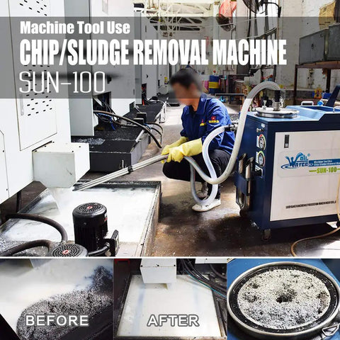 Rock Solid Pneumatic Chip And Sludge Removal Machine For Cnc Coolant Disposal System in action, extracting debris from CNC machining area.