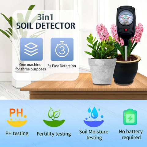 3 In 1 Soil Moisture, Nutrients, and pH Tester Kit for Garden, Lawn, Grass, Indoor and Outdoor Plants for Busy Green Thumbs Easy to Read Soil Meter for Quick, Accurate Checks. Black analog soil meter in potted plants