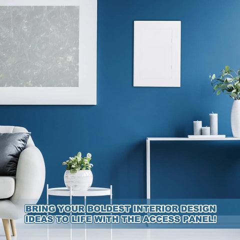 Sturdy White Abs Plastic Drywall Access Panel Fits 7 By 7 Inch Openings with double sided tape mounted on blue wall.