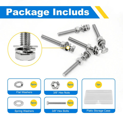 Heavy Duty 3/8-16 Hex Bolt Set Kit Five 3 Inch Stainless Steel 304 Right Hand Bolts With Nuts Flat Washers And Spring Lock Washers For DIY Fixes And Home Projects