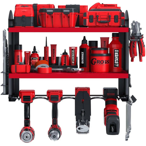 Garage Power Tool Organizer Wall Mount Rack For Cordless Drills And Heavy Duty Storage, Space Saving Steel Tool Holder, Easy Access, Durable Construction, Ideal Gift For Men And Dads Red