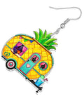 Lightweight Acrylic Truck Van Camper Earrings With Dope Double Sided Print, Pineapple Dangle Jewelry For Women shown in close-up.