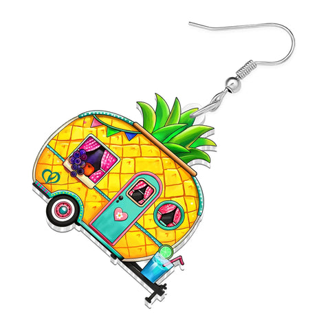 Lightweight Acrylic Truck Van Camper Earrings With Dope Double Sided Print, Pineapple Dangle Jewelry For Women shown in close-up.