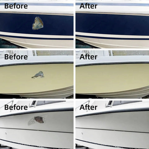 Before and after using Fiberglass Boat Repair Kit Color Match Gel Coat For Boats, Marine Epoxy Filler for hull repair.