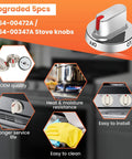 Five Piece Stove Knob Replacement Kit Fits DG64 00472A And DG64 00347A with stainless steel knobs and features listed.