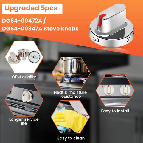 Five Piece Stove Knob Replacement Kit Fits DG64 00472A And DG64 00347A with stainless steel knobs and features listed.