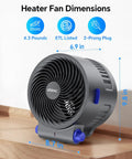 All Season 2-In-1 Desk Fan And Heater With Turbo Air Flow Portable Space Heater And Cooling Fan High Heat 1500W Low Heat 750W dimensions