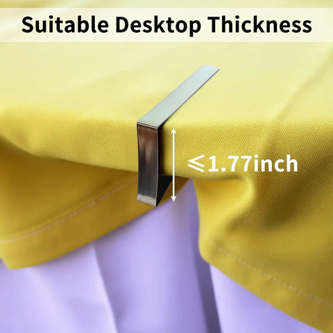 Rustproof Stainless Steel Tablecloth Clips 12 Pack For Outdoor Picnics And Parties on a yellow tablecloth, fits under 1.77 inches