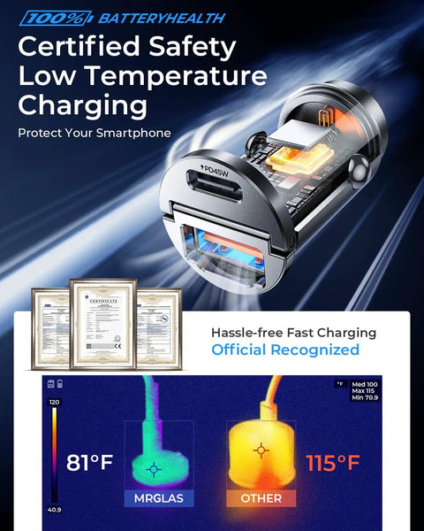 90W USB C Car Charger Fast Charging With PD45W And QC45W Dual Ports showing low temperature charging and certifications