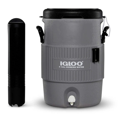 Five Gallon Portable Sports Cooler And Water Dispenser With Flat Seat Lid Tailgate Ready Insulated Beverage Dispenser In Gray And Black Recessed Drip Resistant Spigot Reinforced Handles