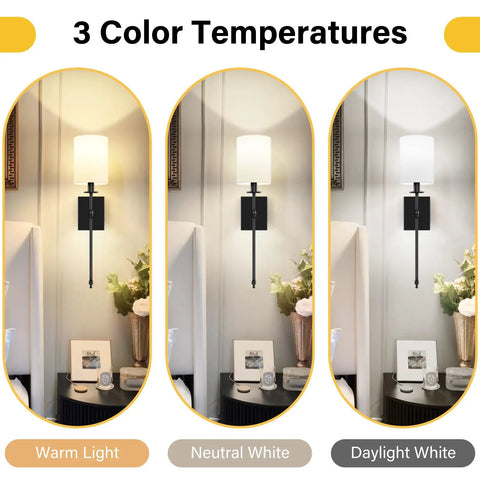 Wireless Rechargeable Set of 2 Battery Operated Wall Sconces With Remote Control For Indoor Home Decor, showing warm, neutral, and daylight white color settings.