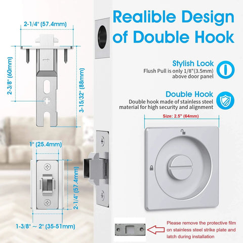 Boss Square Pocket Door Lock With Edge Pull And Flush Pull Sturdy Privacy Bifold And Cavity Sliding Door Hardware With Latch Zinc Alloy Fingermark Proof Finish In Satin Chrome Replacement Door Lock Kit For Hidden Pocket Doors showing double hook design and dimensions.