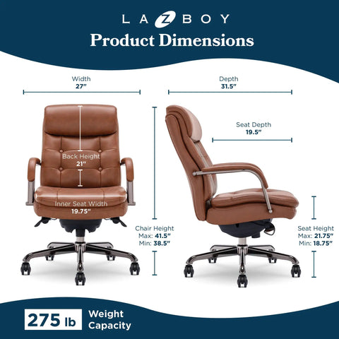 Tufted Executive Office Chair With Double Layer Cushion, Padded Armrests, Bonded Leather Cognac, Swivel Metal Base, Size