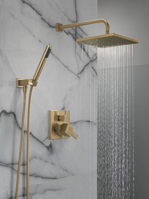 Top Shelf Square Rain Shower System With Ten Inch Overhead Spray Head And Wall Mount Handheld Sprayer In Brushed Gold Champagne Bronze Finish Includes Complete Valve Trim Kit For Simple Diy Upgrades