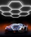 Hexagon Garage LED Lights 30 Pack Ultra Bright 420W 63,000 Lumen 5000K Daylight for Workshop, featuring car under lights.