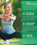 Woman exercising outdoors alongside text about Zazzee Naturals' transparency, balanced formulation, ingredient integrity, and USA-made.