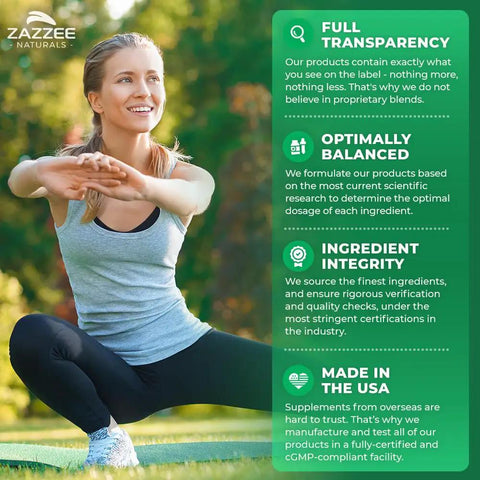 Woman exercising outdoors alongside text about Zazzee Naturals' transparency, balanced formulation, ingredient integrity, and USA-made.
