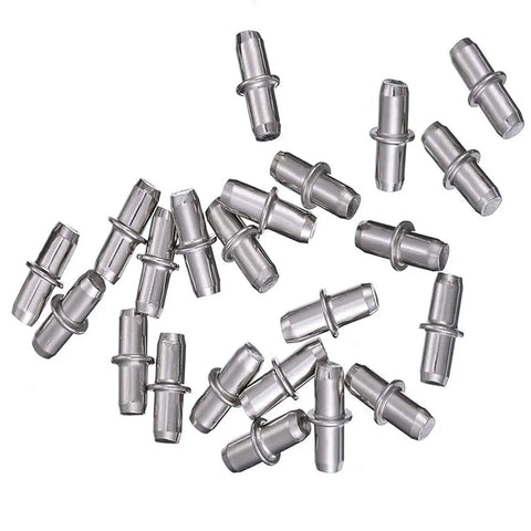 Heavy Duty Shelf Pins 120 Pack Nickel Plated Furniture Shelf Supports 5 Millimeter X 16 Millimeter close-up on steel shelf pins.