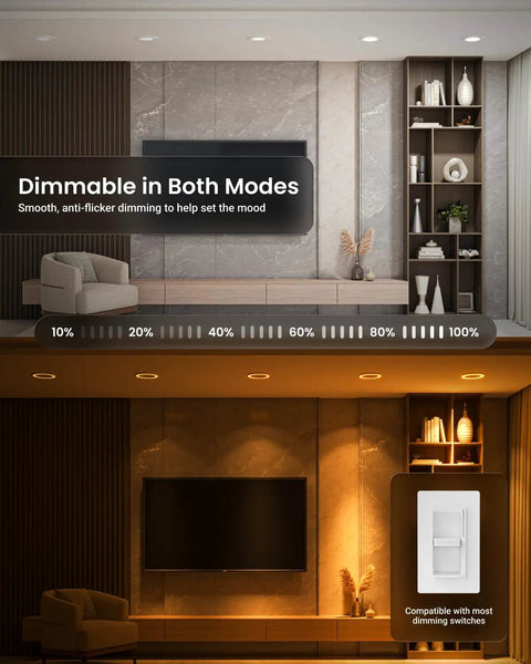 Interior view showcasing Sunco 24 Pack 6 Inch LED Recessed Lighting Retrofit with Night Light, dimmable features in both modes.