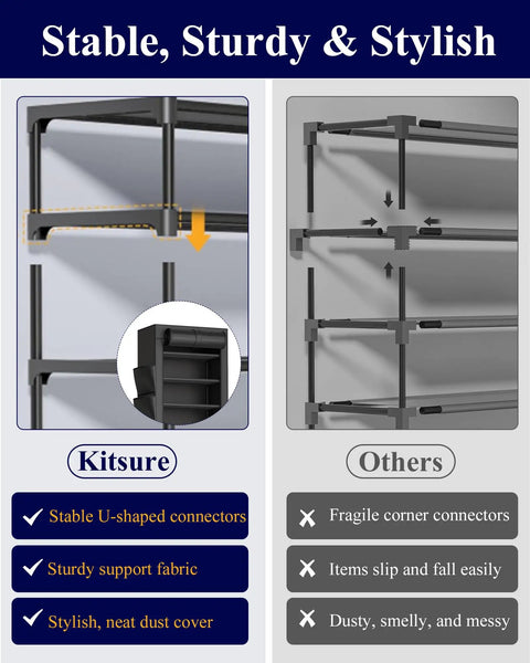 Stable U-shaped connectors in Heavy Duty 10 Tier Shoe Rack With Cover Saves Serious Floor Space In The Entryway Or Mudroom.