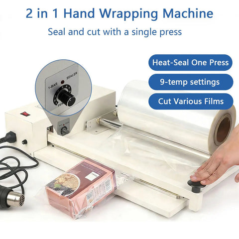 Heavy Duty Shrink Wrap Machine Kit With Heat Gun And Bar Sealer For 12 18 And 24 Inch Film Rolls, showcasing control dial and sealed package.
