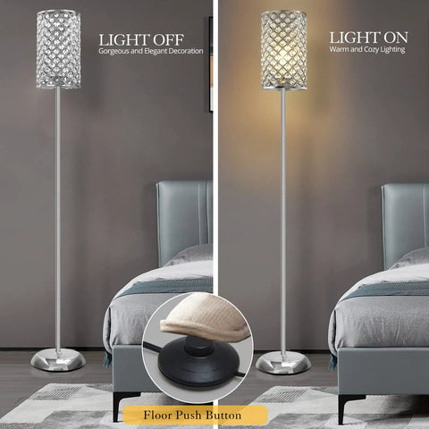 Crystal Floor Lamp With K9 Crystals Tall Silver Modern Standing Light Luxe Accent Lamp in bedroom, light on and off with foot switch