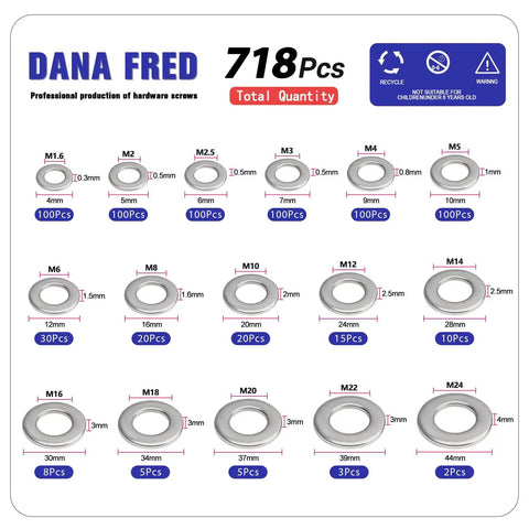 Diagram of 304 Stainless Steel Flat Washer Assortment Kit M1.6 To M24 With 718 Pieces In 16 Sizes For Screws Spacers And Hardware