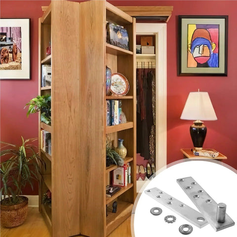 Heavy Duty Door Pivot Hinges 2 Pack For Wood Doors Up To 300 Lb With 360 Degree Hidden Rotation displayed with bookcase