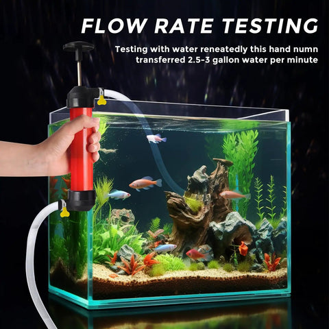 Manual Liquid Transfer Pump Siphon Kit in use for fish tank water transfer showing easy hose connection and flow rate testing.