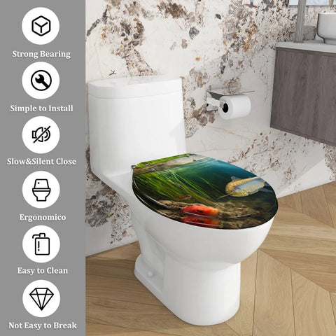 Elongated Resin Toilet Seat for Bathroom featuring a vibrant fish design, suitable for most toilets, easy to clean.