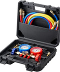 VEVOR 3-way AC manifold gauge set in a hard carrying case with color-coded hoses and blue/red gauges.