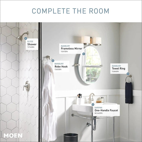 Bathroom scene featuring Sarona Spot Resist Brushed Nickel One Handle Bathroom Sink Faucet With Single Hole Design And Optional Deck Plate.