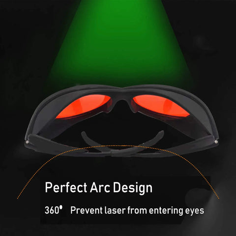 Pro Grade Laser Safety Goggles 532nm OD 6 Plus Eye Protection Glasses shown with red lenses and arc design for laser protection