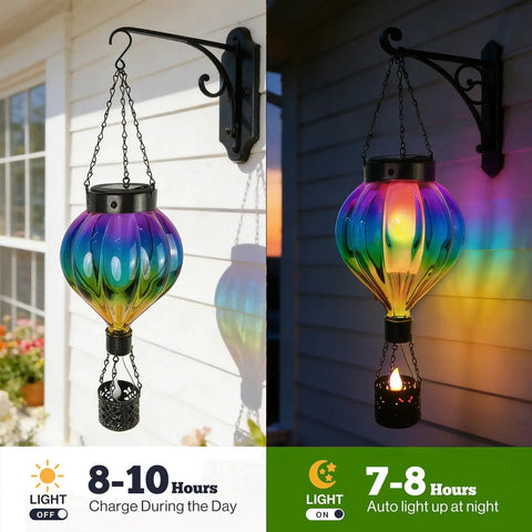 Hot Air Balloon Solar Lantern Outdoor Waterproof Hanging Glass Light With Flickering Flame Totally For Garden Backyard Patio Fence Decor Purple Gifts For Women