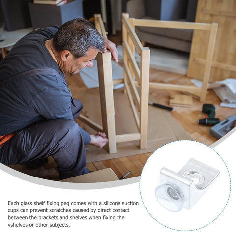 Man assembling furniture with 10 Pack Zinc Alloy Right Angle Glass Support Pegs With Suction Cups Corrosion Resistant Corner Shelf Brackets.